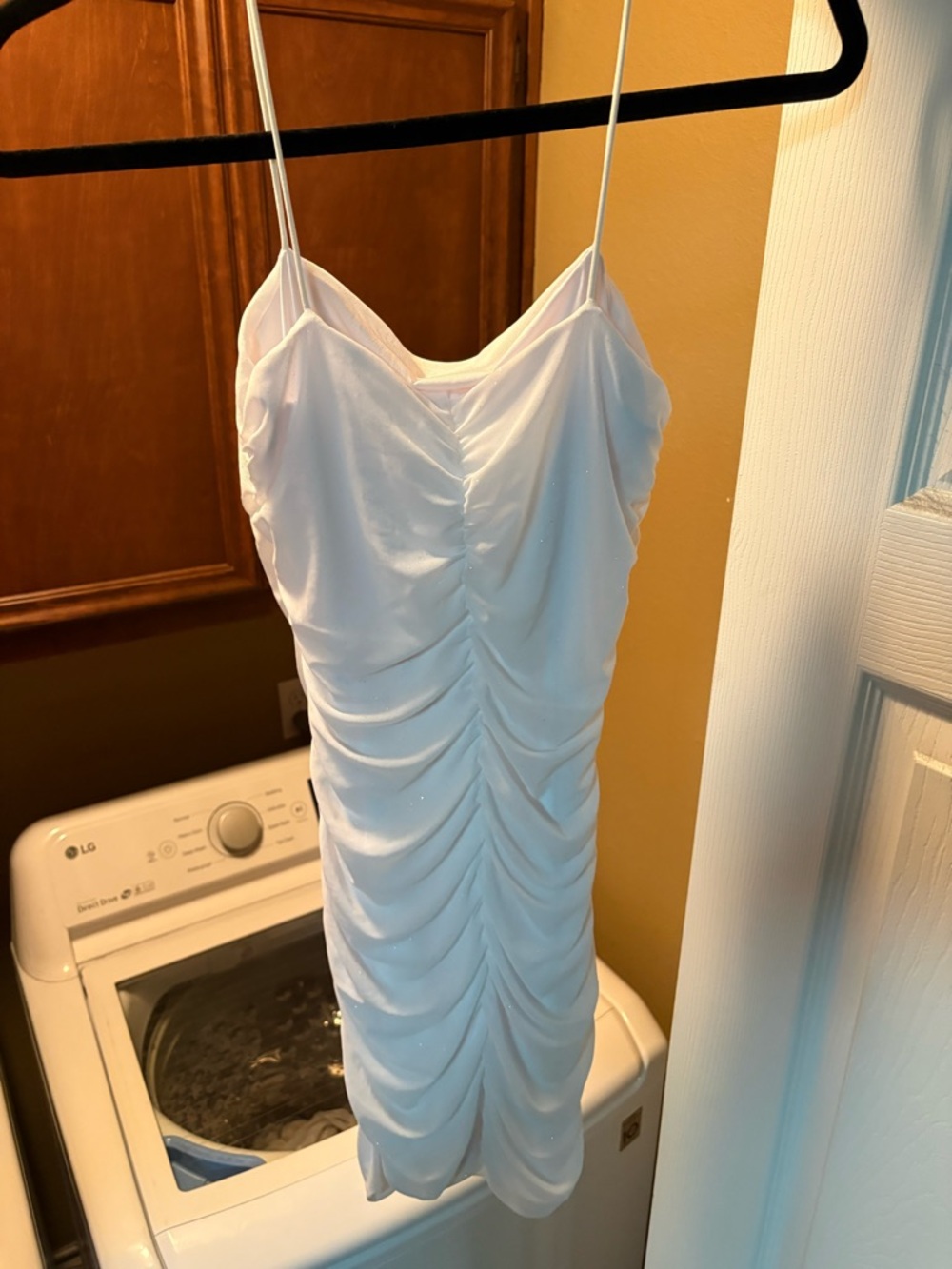 White Ruched Spaghetti Strap Mini Dress